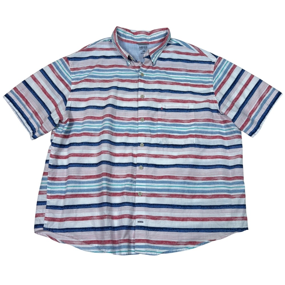 IZOD Saltwater Mens 2XL Short Sleeve Button Down Shirt Striped Cotton Beachwear